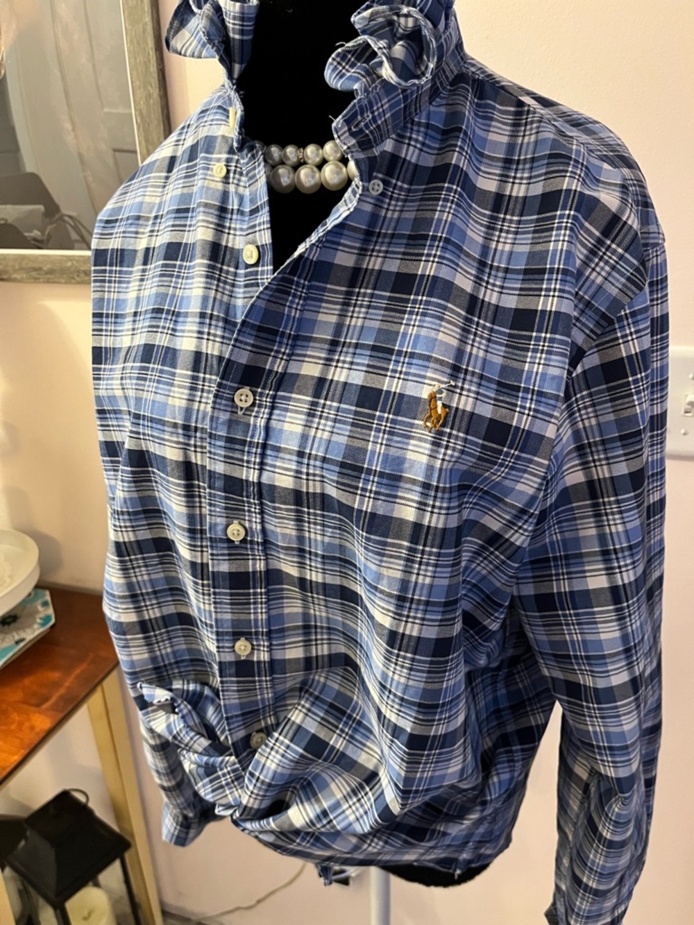 Upcycled Ralph Lauren Navy and Light Blue Plaid Shirt with ruffle collar - Picture 3 of 7